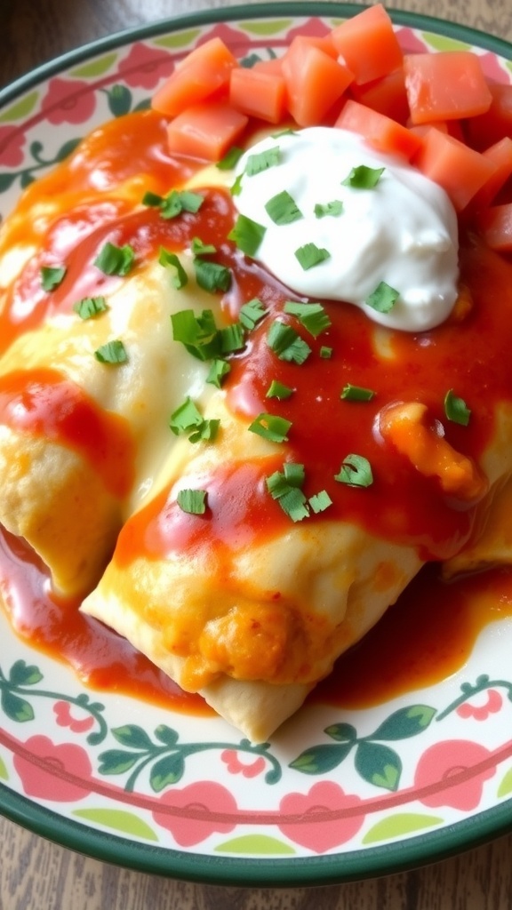 Baked chicken enchiladas with cheese and sauce, garnished with cilantro on a colorful plate.